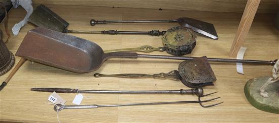 Five Victorian fire irons and two chestnut roasters